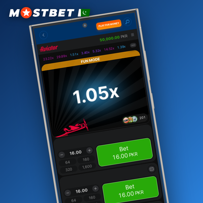 Mostbet Aviator auto-bet tile showing looping PKR stake across 10 rounds