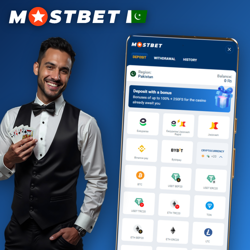 Mostbet minimum deposit screen on mobile showing PKR balance and payment icons in Pakistan