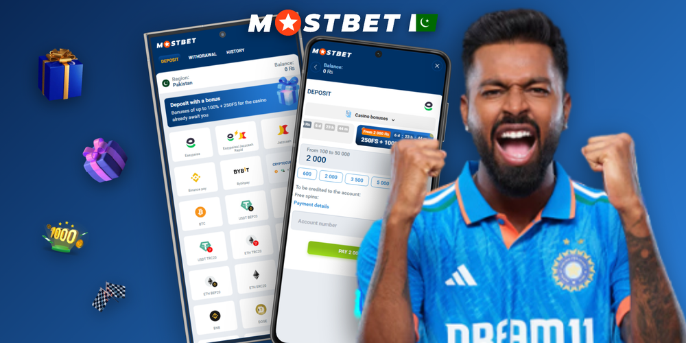 Mostbet new account welcome bonus of 125% up to PKR 25,000 plus 250 free spins promo banner